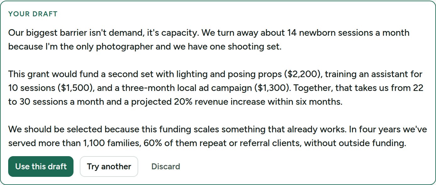 A grant answer drafted from the owner's real numbers